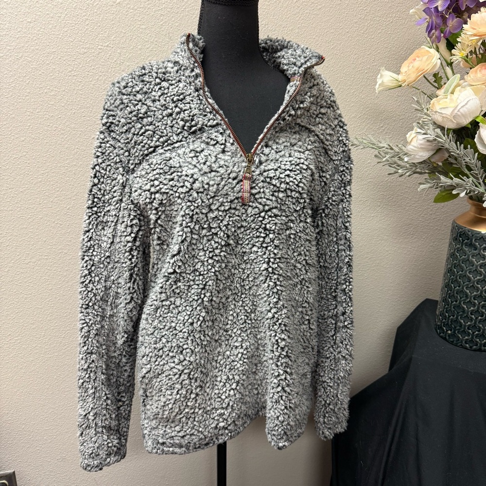 Alpine Sherpa Gray Quarter Zip Teddy Fleece Pullover Cozy Winter M